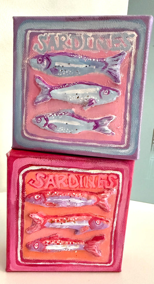 “ Sardine summer” Vibrant Paper Mache Sardines Canvas Art - 4x4