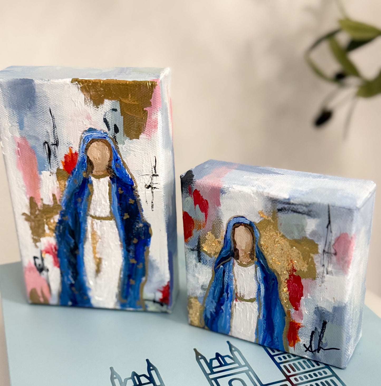 "Madonna" Mini Abstract 6x6 Madonna Painting,  Hand-Painted Modern Religious Art with Gold Leaf Accents (Copy)