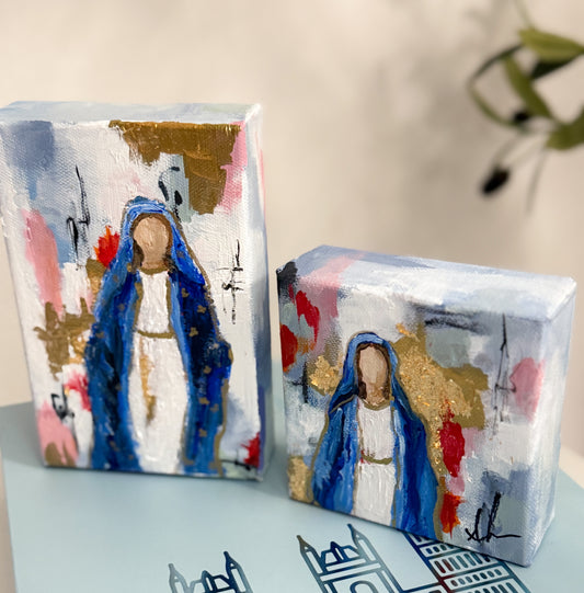 "Madonna" Mini Abstract 6x6 Madonna Painting,  Hand-Painted Modern Religious Art with Gold Leaf Accents (Copy)