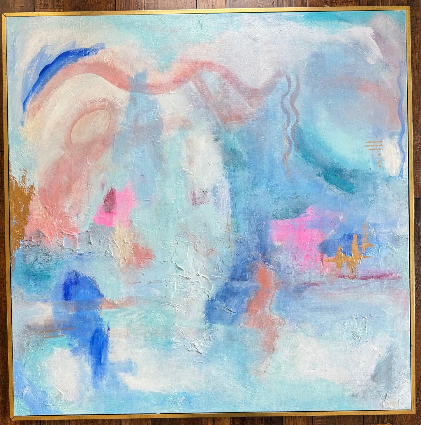 “Hope in the unknown”  Vibrant Blues; Bright Pink with Texture in Gold Floating Frame