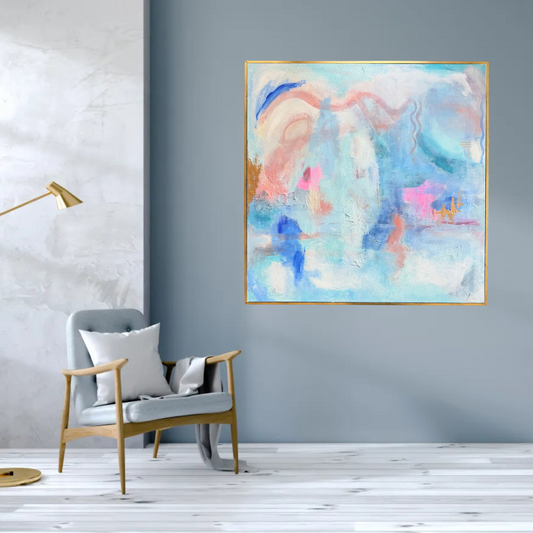 “Hope in the unknown”  Vibrant Blues; Bright Pink with Texture in Gold Floating Frame