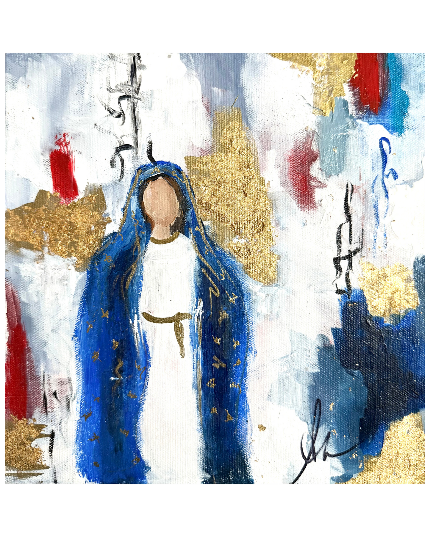 "Madonna" Abstract 10x10 Madonna Painting,  Hand-Painted Modern Religious Art with Gold Leaf Accents