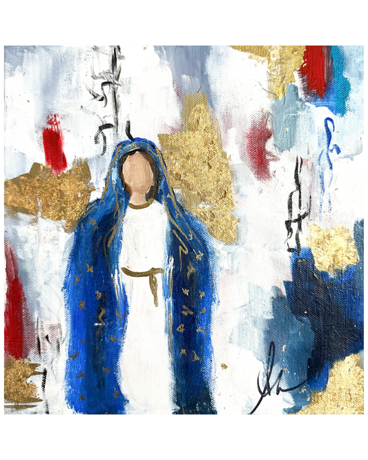 "Madonna" Abstract 10x10 Madonna Painting,  Hand-Painted Modern Religious Art with Gold Leaf Accents